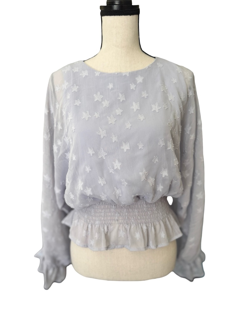 Peach Love California Lavender Star Blouse L Smocked Waist Ruffle Peplum Lined